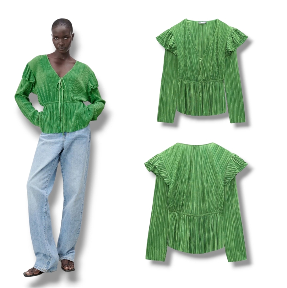 Zara Green Pleated Short Sleeve Blouse